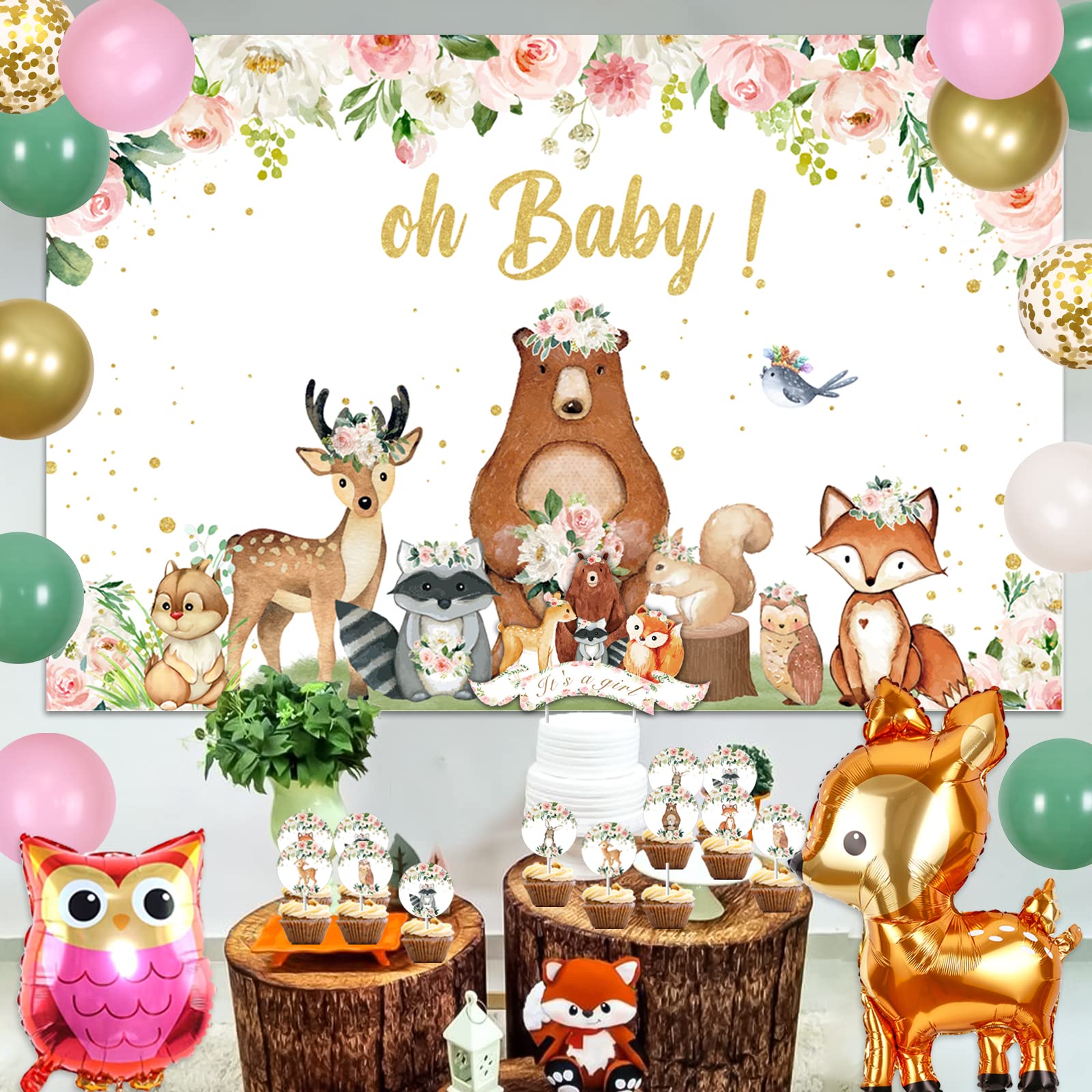 Woodland Animals Baby Shower Decorations for Girls - Woodland Creatures Balloon Garland Arch Kit Oh Baby Backdrop It’s a Girl Cake Cupcake Toppers, Forest Theme Baby Shower Supplies