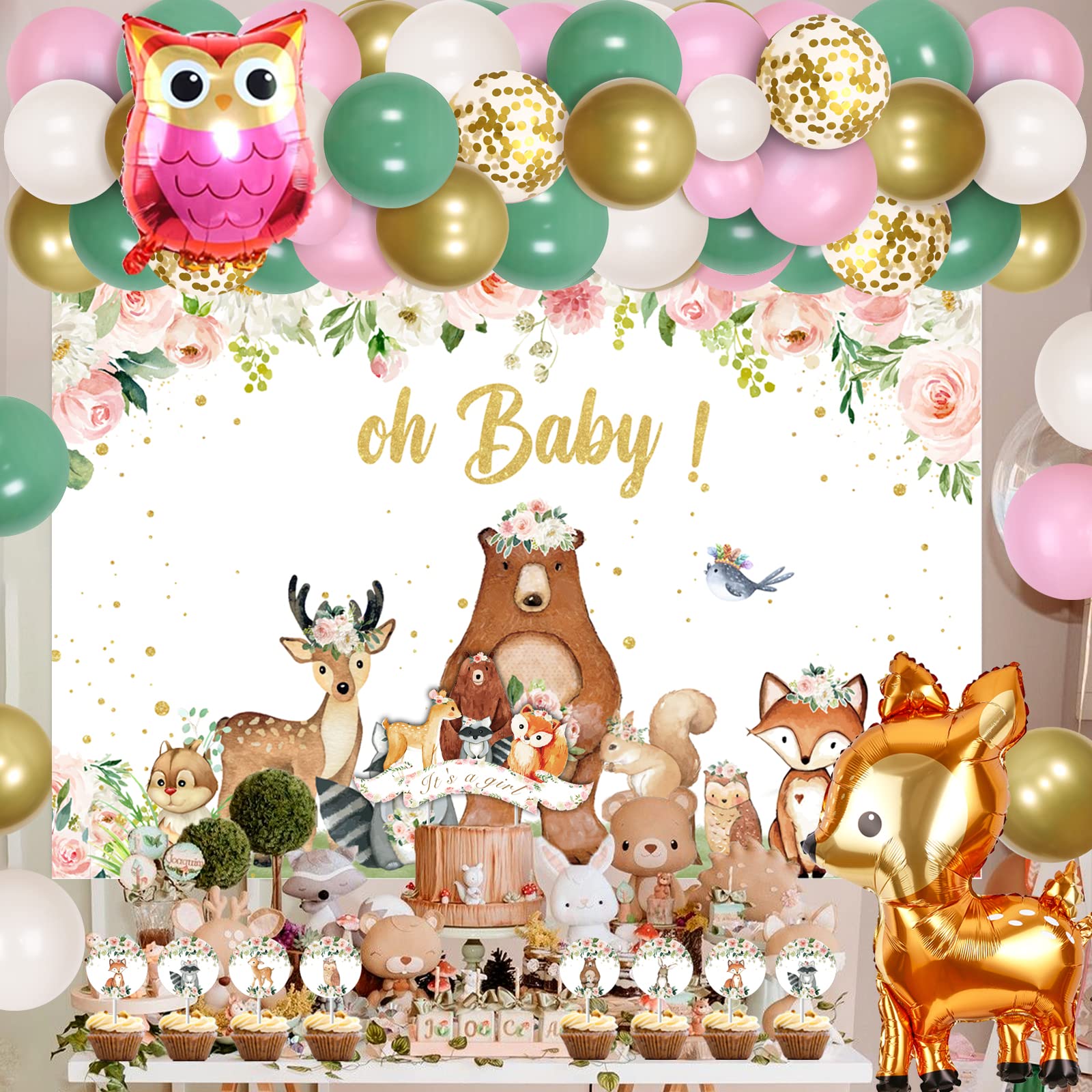 Woodland Animals Baby Shower Decorations for Girls - Woodland Creatures Balloon Garland Arch Kit Oh Baby Backdrop It’s a Girl Cake Cupcake Toppers, Forest Theme Baby Shower Supplies