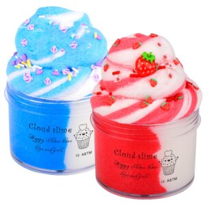 2 pack cloud slime kit with blue slime and strawberry slime charms, scented diy slime supplies for girls and boys, stress relief toy for kids education, party favor, gift and birthday