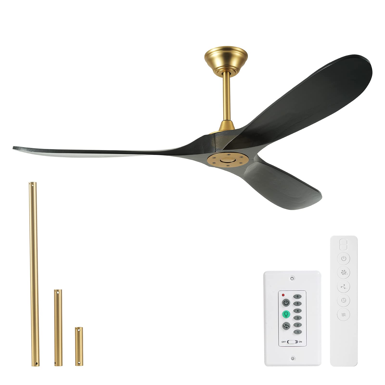 52 inch Black Outdoor Ceiling Fan No Light with Remote, 3 Blade Wood Ceiling Fan with Wall Control Quiet DC Motor Memory Function Black Gold Ceiling Fan for Farmhouse Indoor Wet Rated Patios