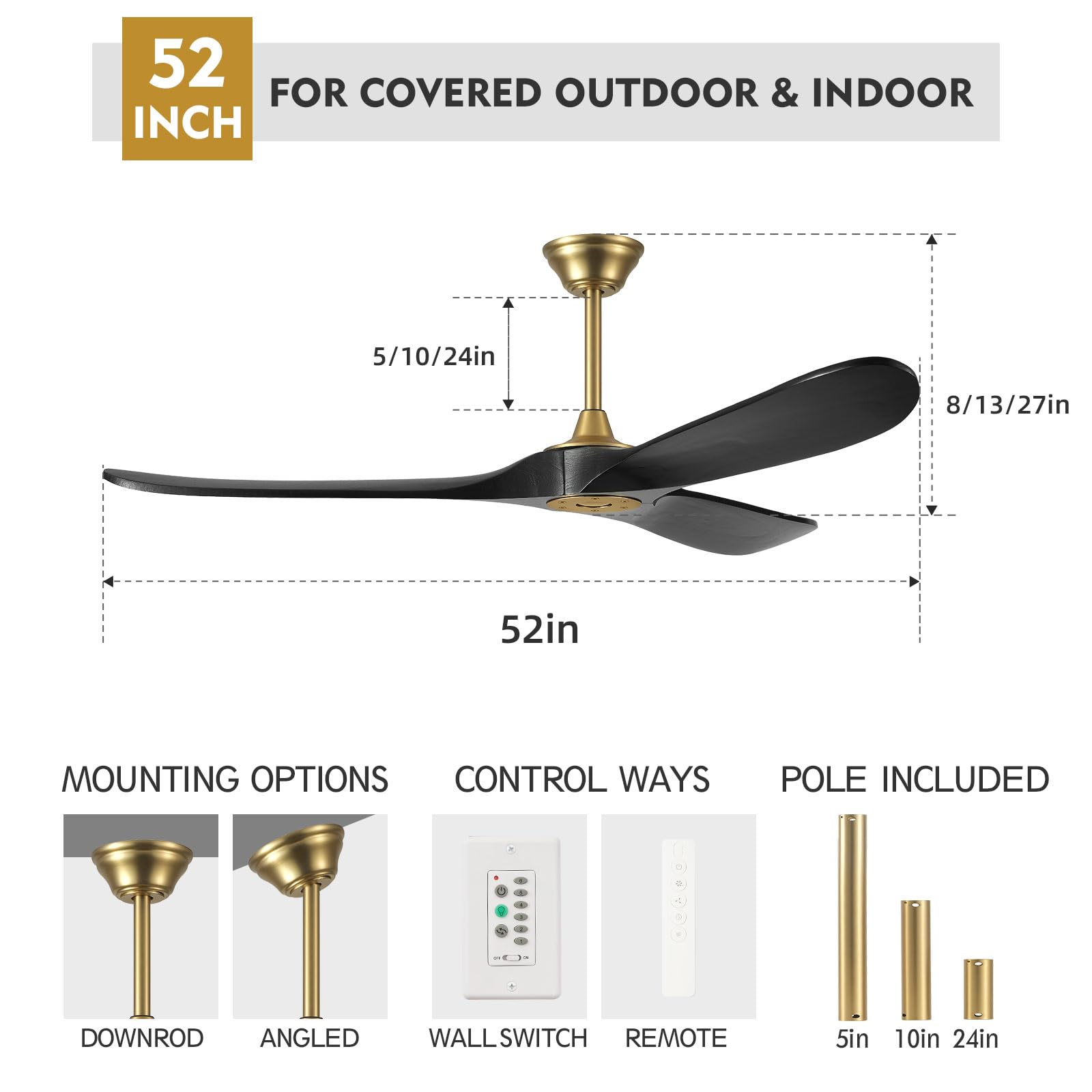 52 inch Black Outdoor Ceiling Fan No Light with Remote, 3 Blade Wood Ceiling Fan with Wall Control Quiet DC Motor Memory Function Black Gold Ceiling Fan for Farmhouse Indoor Wet Rated Patios