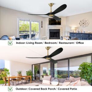 52 inch Black Outdoor Ceiling Fan No Light with Remote, 3 Blade Wood Ceiling Fan with Wall Control Quiet DC Motor Memory Function Black Gold Ceiling Fan for Farmhouse Indoor Wet Rated Patios