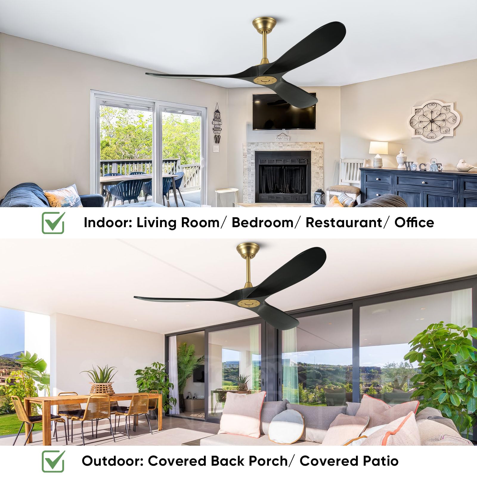 52 inch Black Outdoor Ceiling Fan No Light with Remote, 3 Blade Wood Ceiling Fan with Wall Control Quiet DC Motor Memory Function Black Gold Ceiling Fan for Farmhouse Indoor Wet Rated Patios