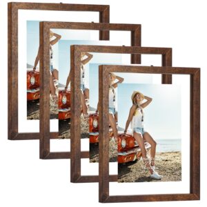 trwcrt 5x7 picture frame set of 4, double glass floating picture frames display up to 7 x 9 photos for tabletop or wall hanging, brown