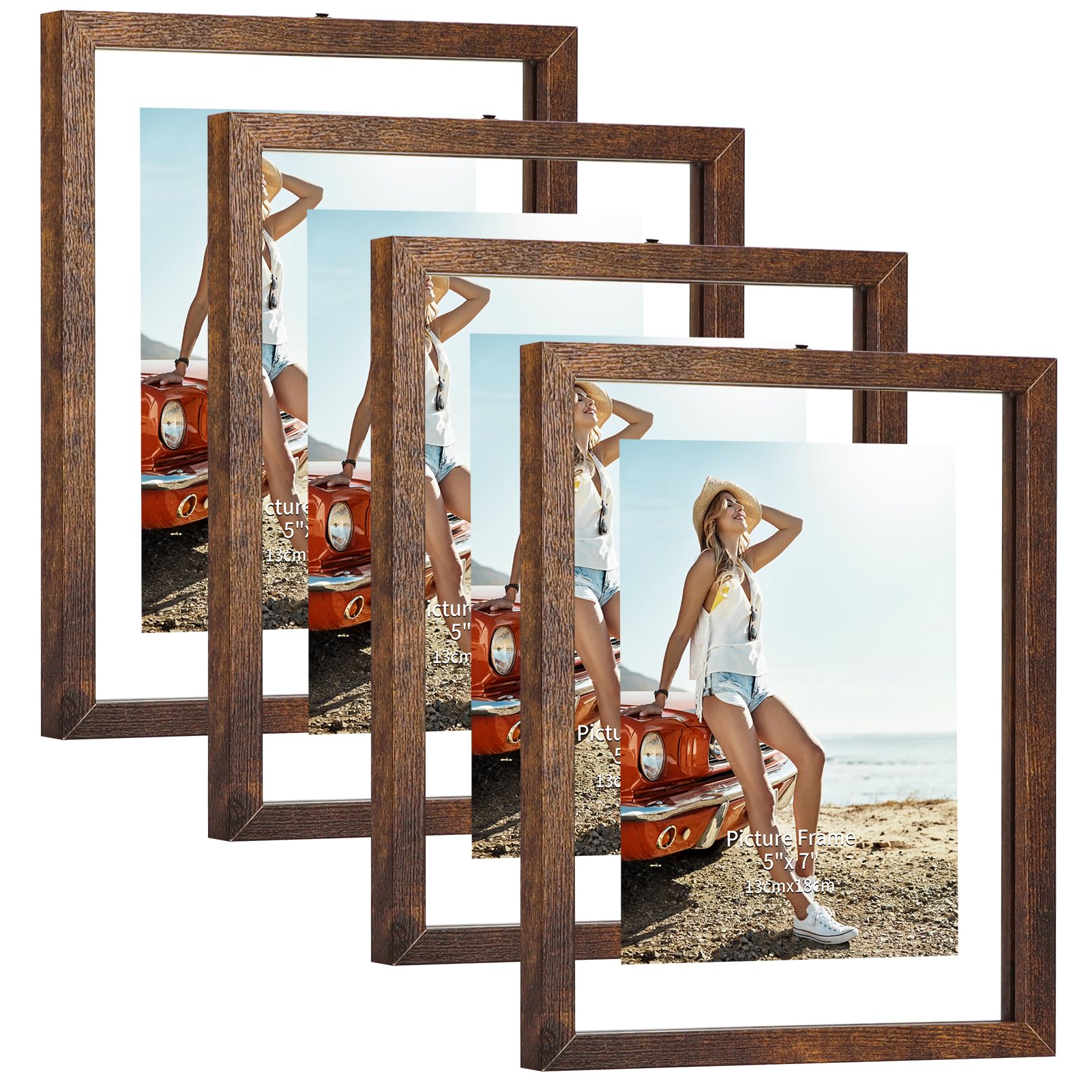 Trwcrt 5x7 Picture Frame Set of 4, Double Glass Floating Picture Frames Display up to 7 x 9 photos for Tabletop or Wall Hanging, Brown