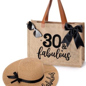 Percozzi 30th Birthday Gifts Her Tote Bag 30 & fabulous Hat and Glasses Summer Beach Party Vacation Supplies Straw Sun Black Decorations Set of 3