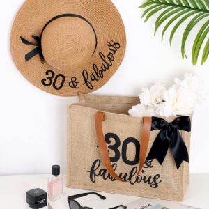 Percozzi 30th Birthday Gifts Her Tote Bag 30 & fabulous Hat and Glasses Summer Beach Party Vacation Supplies Straw Sun Black Decorations Set of 3