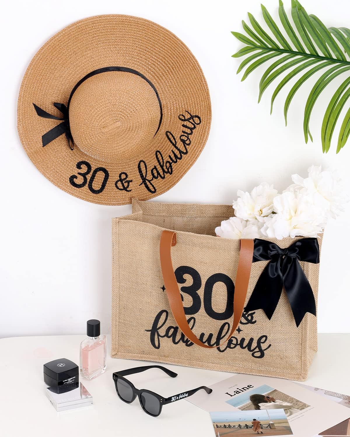 Percozzi 30th Birthday Gifts Her Tote Bag 30 & fabulous Hat and Glasses Summer Beach Party Vacation Supplies Straw Sun Black Decorations Set of 3