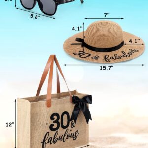 Percozzi 30th Birthday Gifts Her Tote Bag 30 & fabulous Hat and Glasses Summer Beach Party Vacation Supplies Straw Sun Black Decorations Set of 3