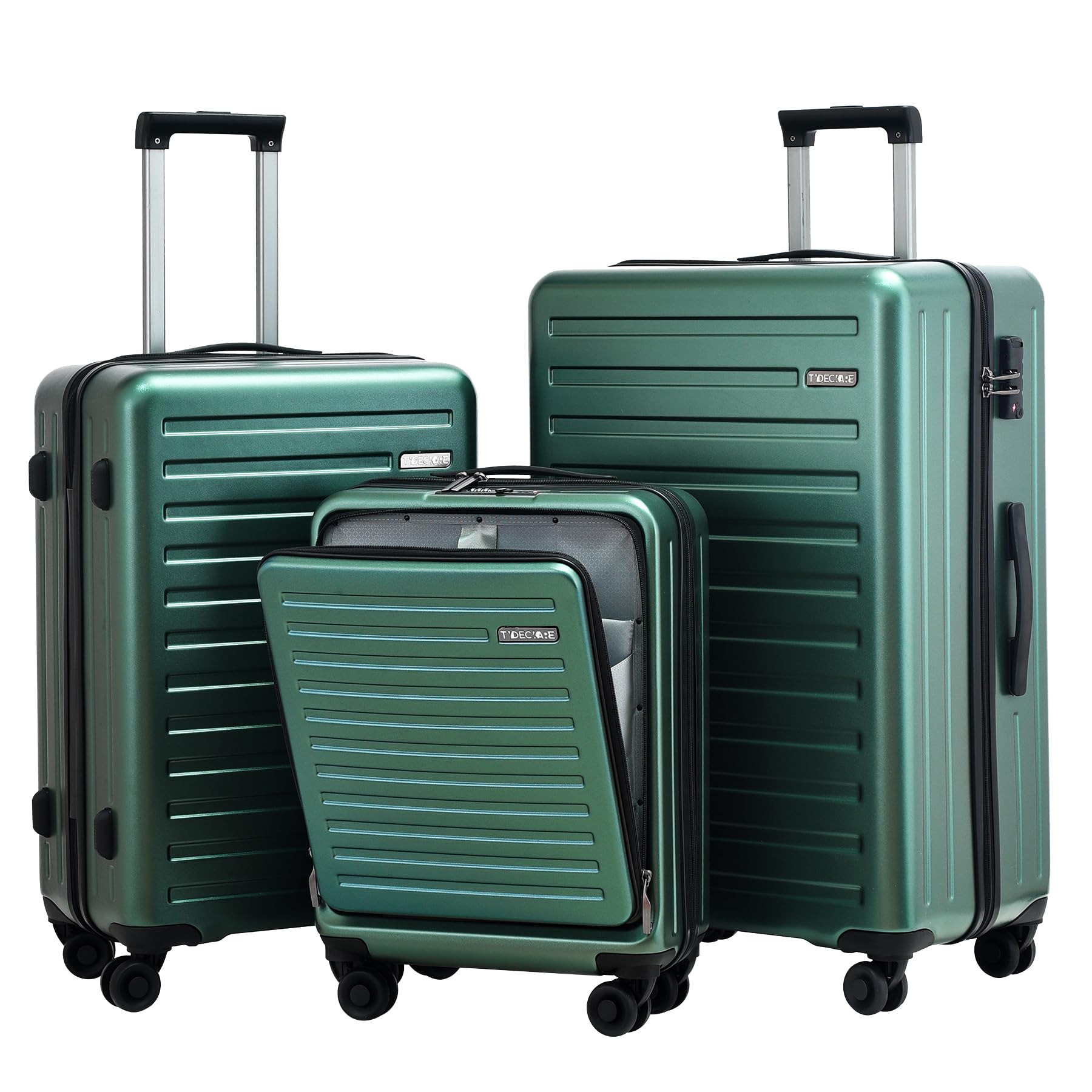 3Pcs (20/24/28) Luggage Set, HardShell Lightweight, Only 20" with Front Pocket, 21.65*15.35*7.87" Fits Overhead Cabin, 24" (26*17.7*10.2") and 28" (19.68*11.81*29.92") Checked Luggage, Green