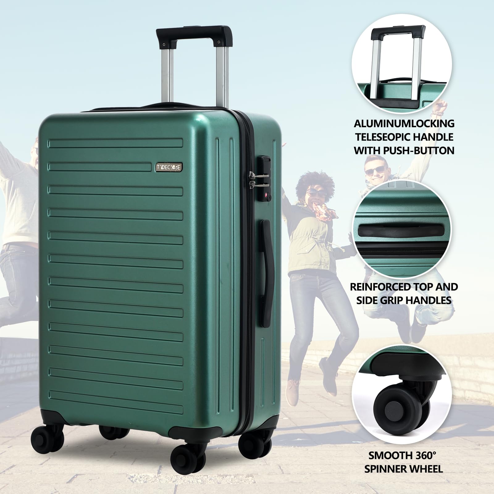 3Pcs (20/24/28) Luggage Set, HardShell Lightweight, Only 20" with Front Pocket, 21.65*15.35*7.87" Fits Overhead Cabin, 24" (26*17.7*10.2") and 28" (19.68*11.81*29.92") Checked Luggage, Green