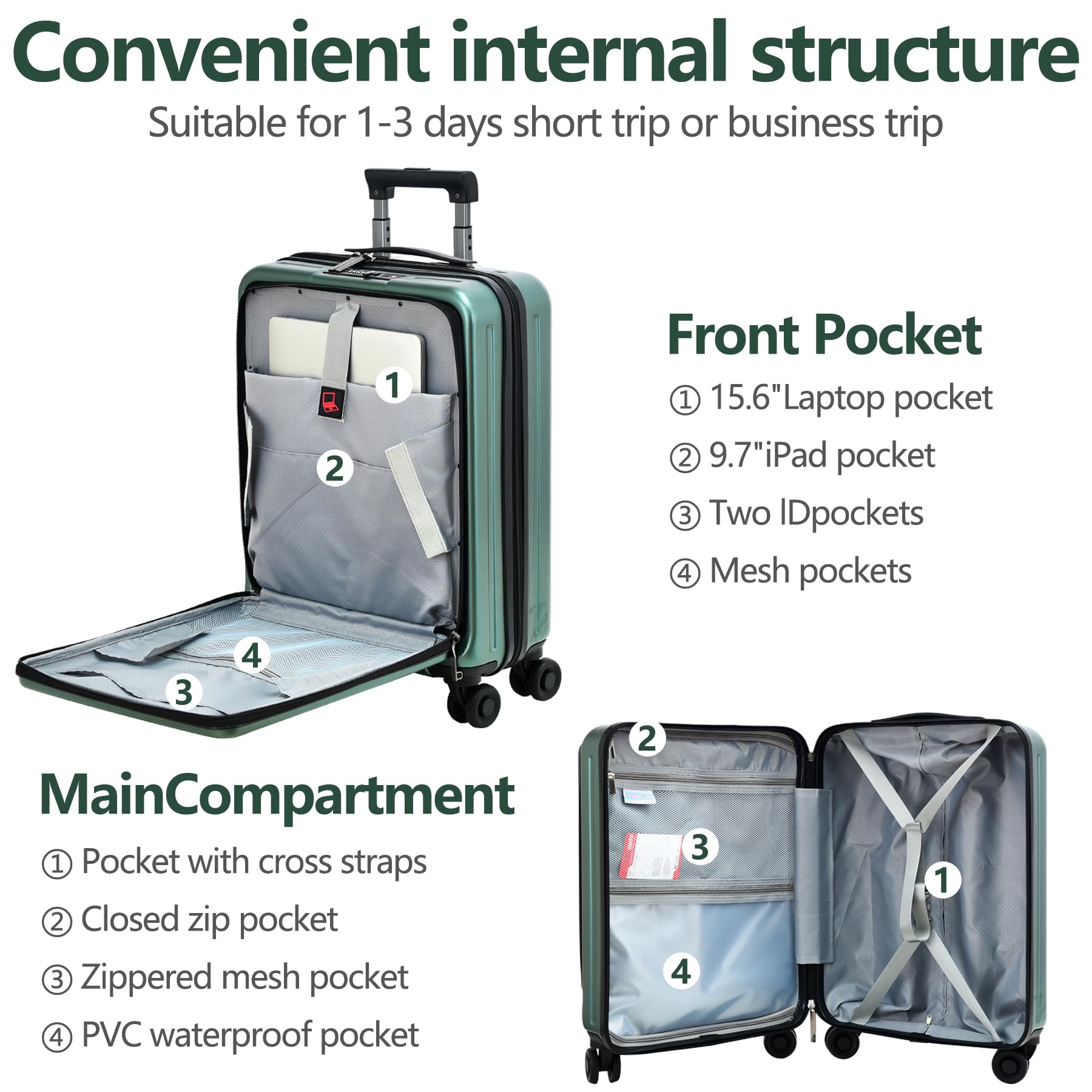 3Pcs (20/24/28) Luggage Set, HardShell Lightweight, Only 20" with Front Pocket, 21.65*15.35*7.87" Fits Overhead Cabin, 24" (26*17.7*10.2") and 28" (19.68*11.81*29.92") Checked Luggage, Green