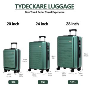 3Pcs (20/24/28) Luggage Set, HardShell Lightweight, Only 20" with Front Pocket, 21.65*15.35*7.87" Fits Overhead Cabin, 24" (26*17.7*10.2") and 28" (19.68*11.81*29.92") Checked Luggage, Green