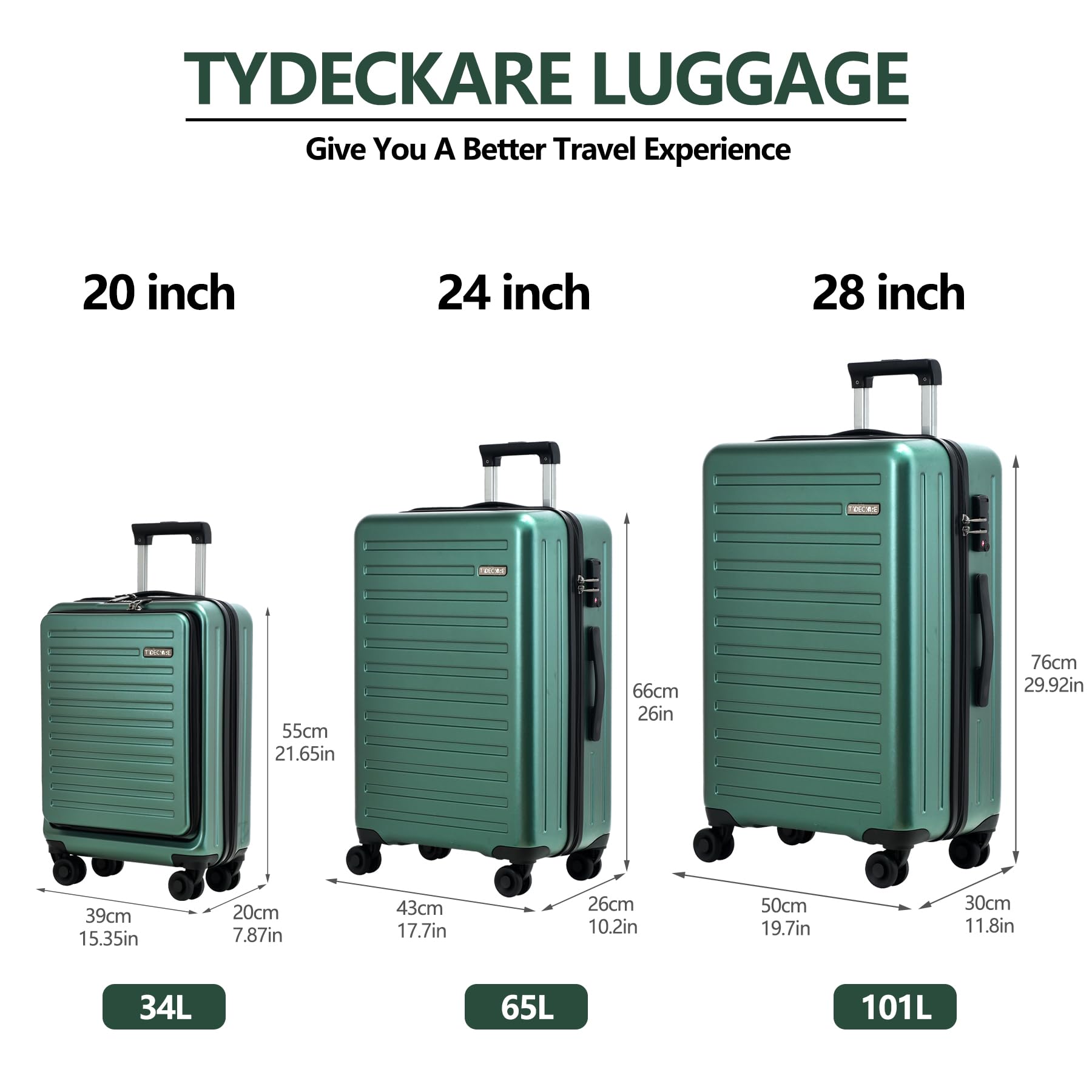 3Pcs (20/24/28) Luggage Set, HardShell Lightweight, Only 20" with Front Pocket, 21.65*15.35*7.87" Fits Overhead Cabin, 24" (26*17.7*10.2") and 28" (19.68*11.81*29.92") Checked Luggage, Green