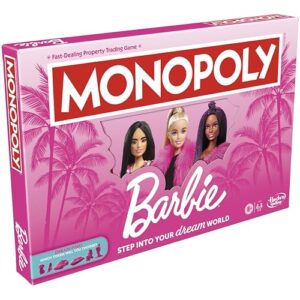 Monopoly: Barbie Edition Board Game, Ages 8+, 2-6 Players, Fun Family Games for Kids and Adults, with 6 Barbie-Themed Pink Zinc Tokens, Kids Gifts