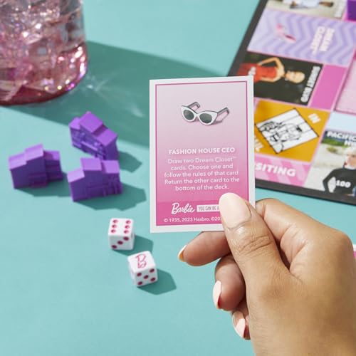 Monopoly: Barbie Edition Board Game, Ages 8+, 2-6 Players, Fun Family Games for Kids and Adults, with 6 Barbie-Themed Pink Zinc Tokens, Kids Gifts