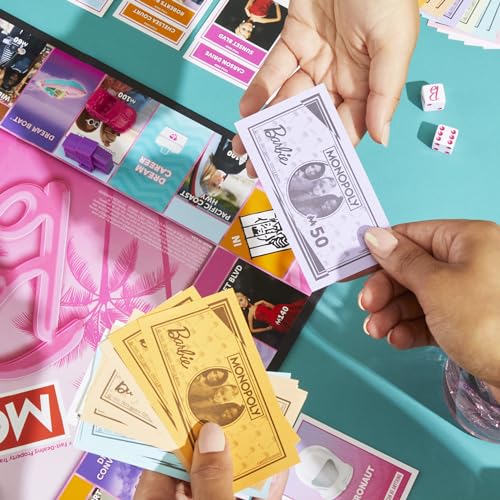 Monopoly: Barbie Edition Board Game, Ages 8+, 2-6 Players, Fun Family Games for Kids and Adults, with 6 Barbie-Themed Pink Zinc Tokens, Kids Gifts