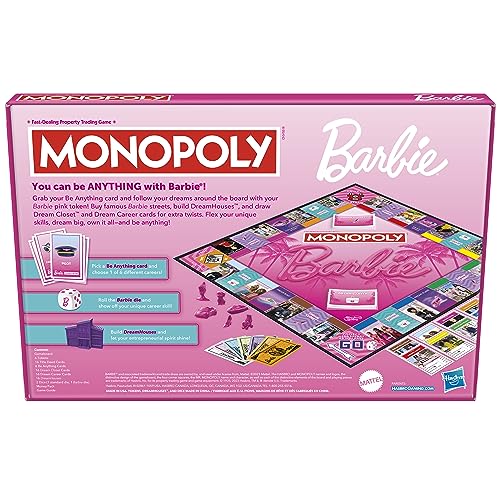 Monopoly: Barbie Edition Board Game, Ages 8+, 2-6 Players, Fun Family Games for Kids and Adults, with 6 Barbie-Themed Pink Zinc Tokens, Kids Gifts