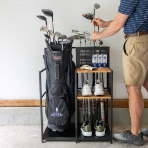 Teal Triangle Freestanding Golf Club Organizer, Stylish Heavy Duty Garage Storage Floor Stand, Holds 1 Golf Bag Shoes Clubs Balls and More