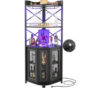 aheaplus corner bar cabinet with power outlet, industrial wine cabinet with led strip and glass holder, 5-tiers liquor cabinet bar unit for home, corner display cabinet for small space, black