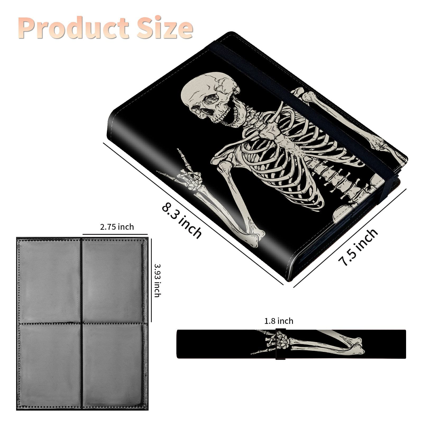 4 Pocket Card Binder, Waterproof Trading Card Folders with Double Sided Pockets, 320 Card Collection Binder for Game Cards/Most Standard Size Cards/Sports Cards, Rock Skull