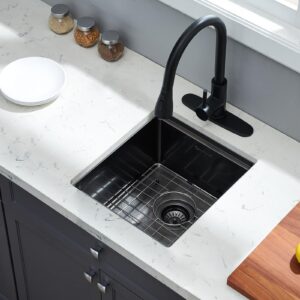 EcoChannels Undermount Kitchen Sink, 15 x 17 x 10 Inch Bar Sink 16 Gauge Gunmetal Black Stainless Steel Small Sink Kitchen Single Bowl Workstation Sink with Cutting Board