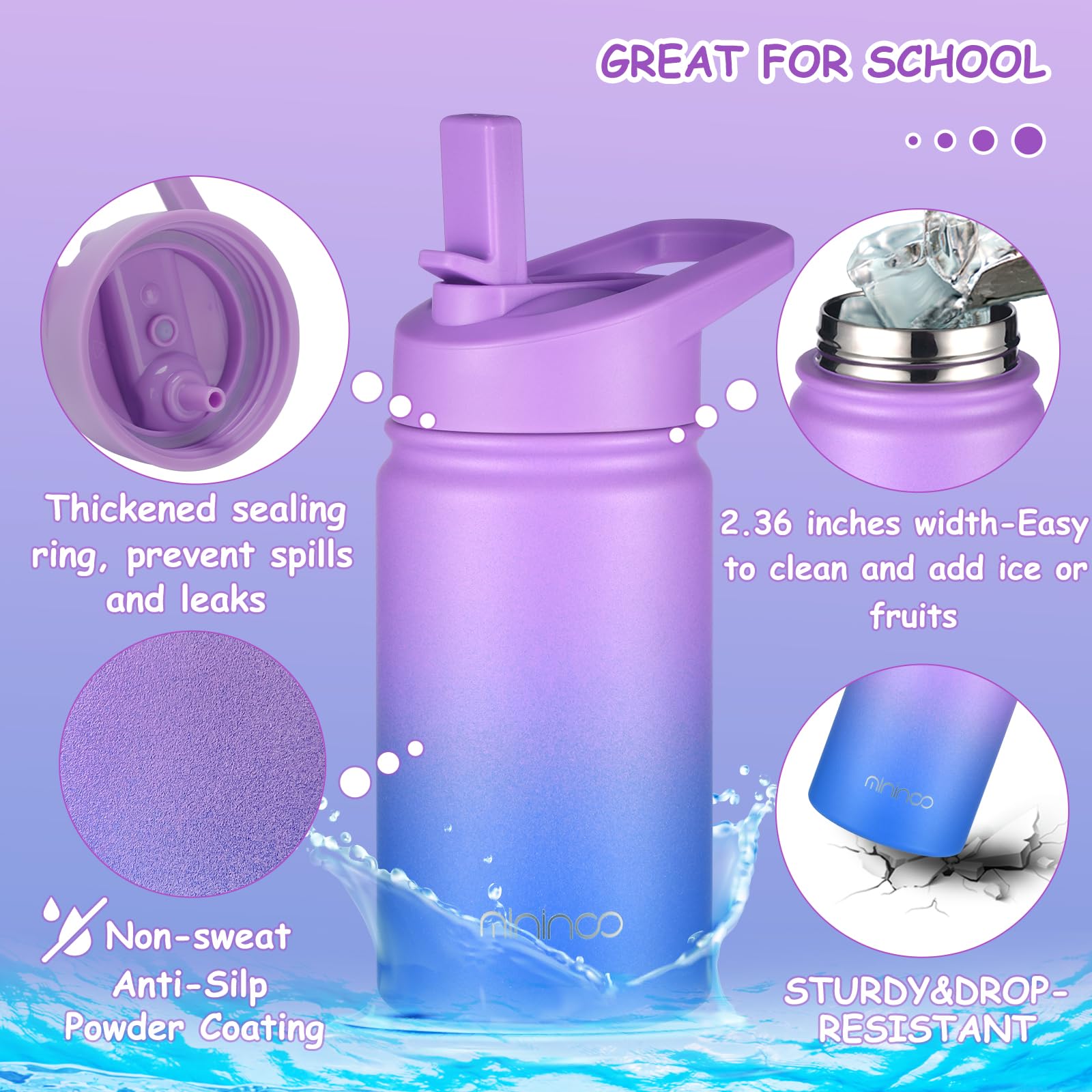 Mininoo Insulated Kids Water Bottle, 12 oz Stainless Steel Water Bottle Kids with Straw Lid and Chug Lid for Girls, Boys (Purple/Blue)