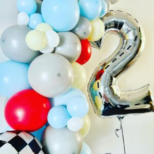 Race Car Balloon Garland Arch Kit, Blue Yellow Grey White Coral Red Latex Balloons,Racing Car Party Supplies,Checkered Balloons for Racing Car Theme Party Birthday Decorations