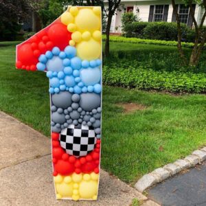 Race Car Balloon Garland Arch Kit, Blue Yellow Grey White Coral Red Latex Balloons,Racing Car Party Supplies,Checkered Balloons for Racing Car Theme Party Birthday Decorations