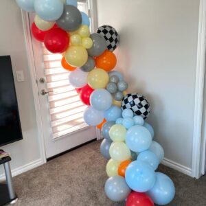 Race Car Balloon Garland Arch Kit, Blue Yellow Grey White Coral Red Latex Balloons,Racing Car Party Supplies,Checkered Balloons for Racing Car Theme Party Birthday Decorations