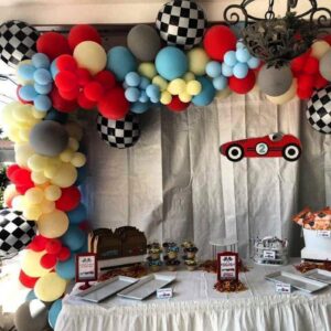 Race Car Balloon Garland Arch Kit, Blue Yellow Grey White Coral Red Latex Balloons,Racing Car Party Supplies,Checkered Balloons for Racing Car Theme Party Birthday Decorations