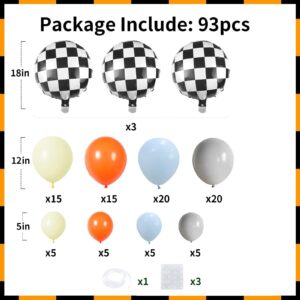 Race Car Balloon Garland Arch Kit, Blue Yellow Grey White Coral Red Latex Balloons,Racing Car Party Supplies,Checkered Balloons for Racing Car Theme Party Birthday Decorations