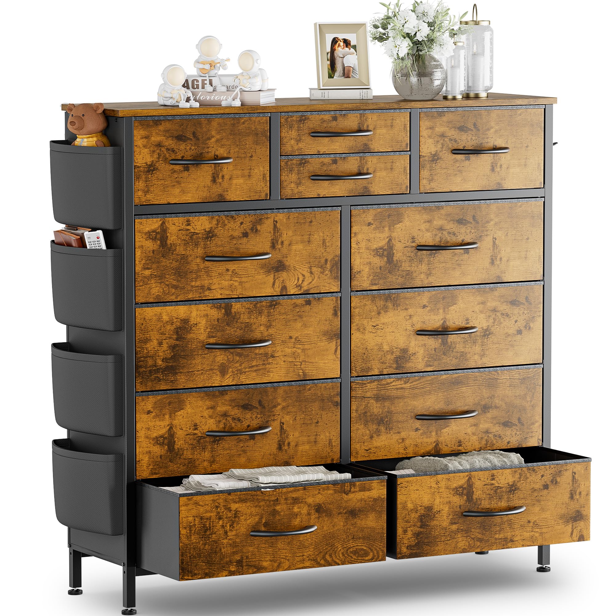 Himusi Dresser for Bedroom with 12 Drawer, Tall Dresser with Side Pockets and Hooks, Fabric Dressers, Chests of Drawers for Closet, Hallway, Living Room, Entryway, Rustic