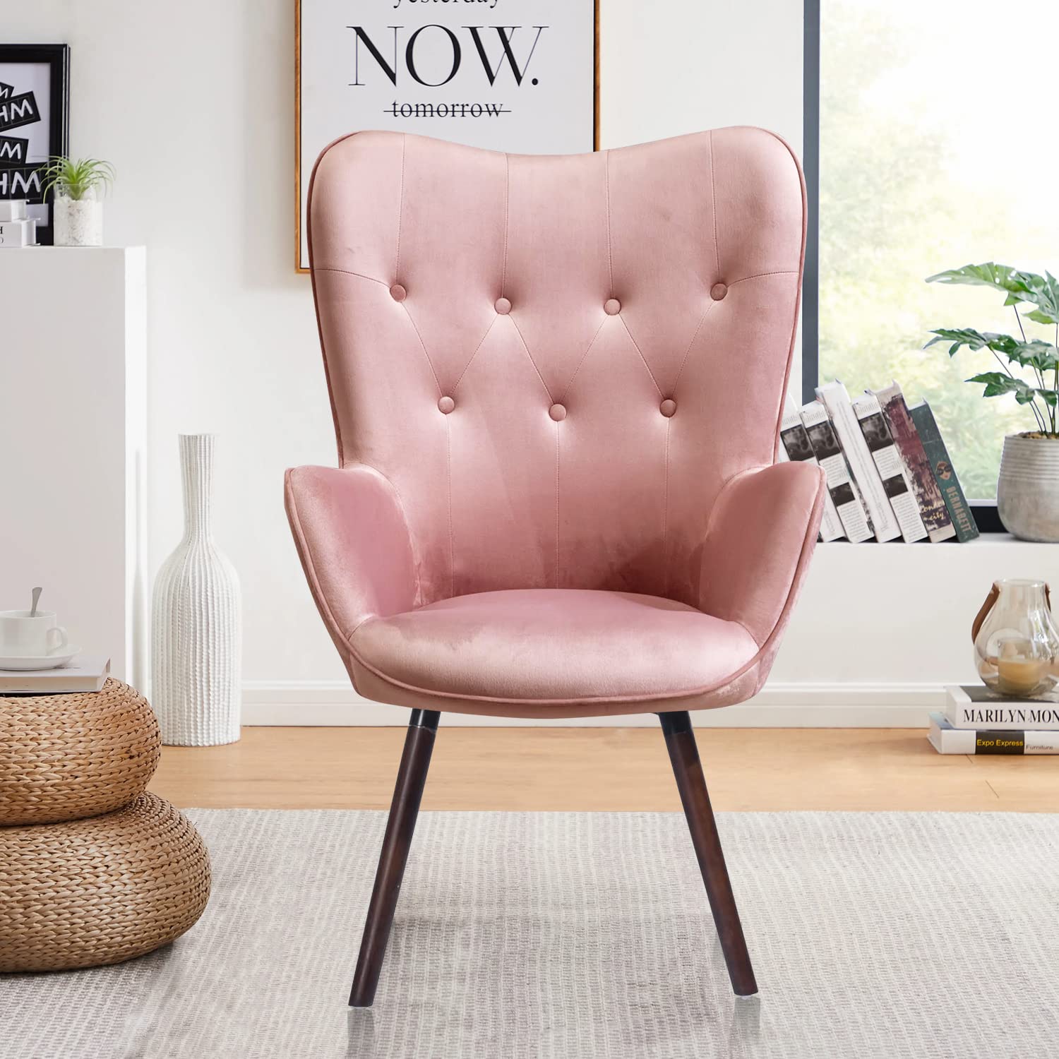 FurnitureR Velvet Accent Chair, Modern Wingback Tufted Vanity Armchair Upholstered Tall Back with Arms Solid Wood Legs for Living Bedroom Waiting Room Lounge Leisure, Rose