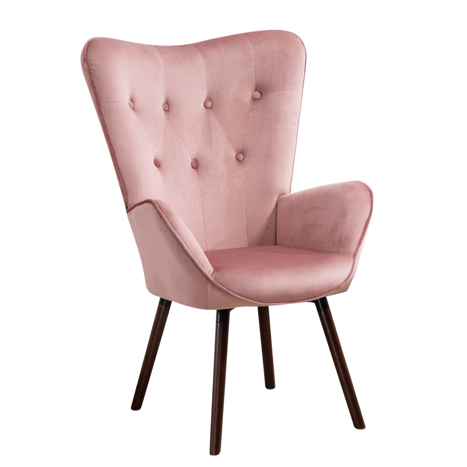 FurnitureR Velvet Accent Chair, Modern Wingback Tufted Vanity Armchair Upholstered Tall Back with Arms Solid Wood Legs for Living Bedroom Waiting Room Lounge Leisure, Rose