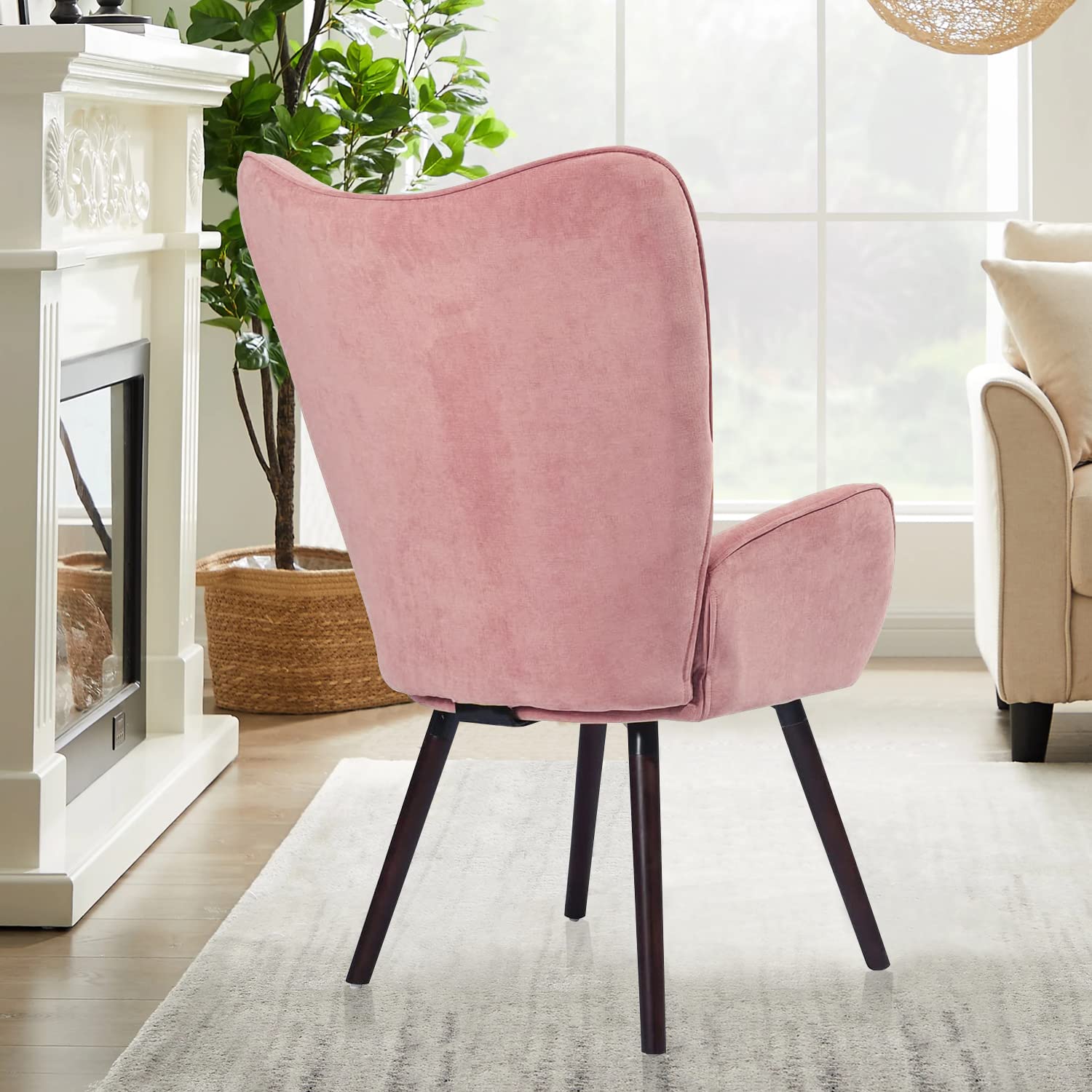 FurnitureR Velvet Accent Chair, Modern Wingback Tufted Vanity Armchair Upholstered Tall Back with Arms Solid Wood Legs for Living Bedroom Waiting Room Lounge Leisure, Rose