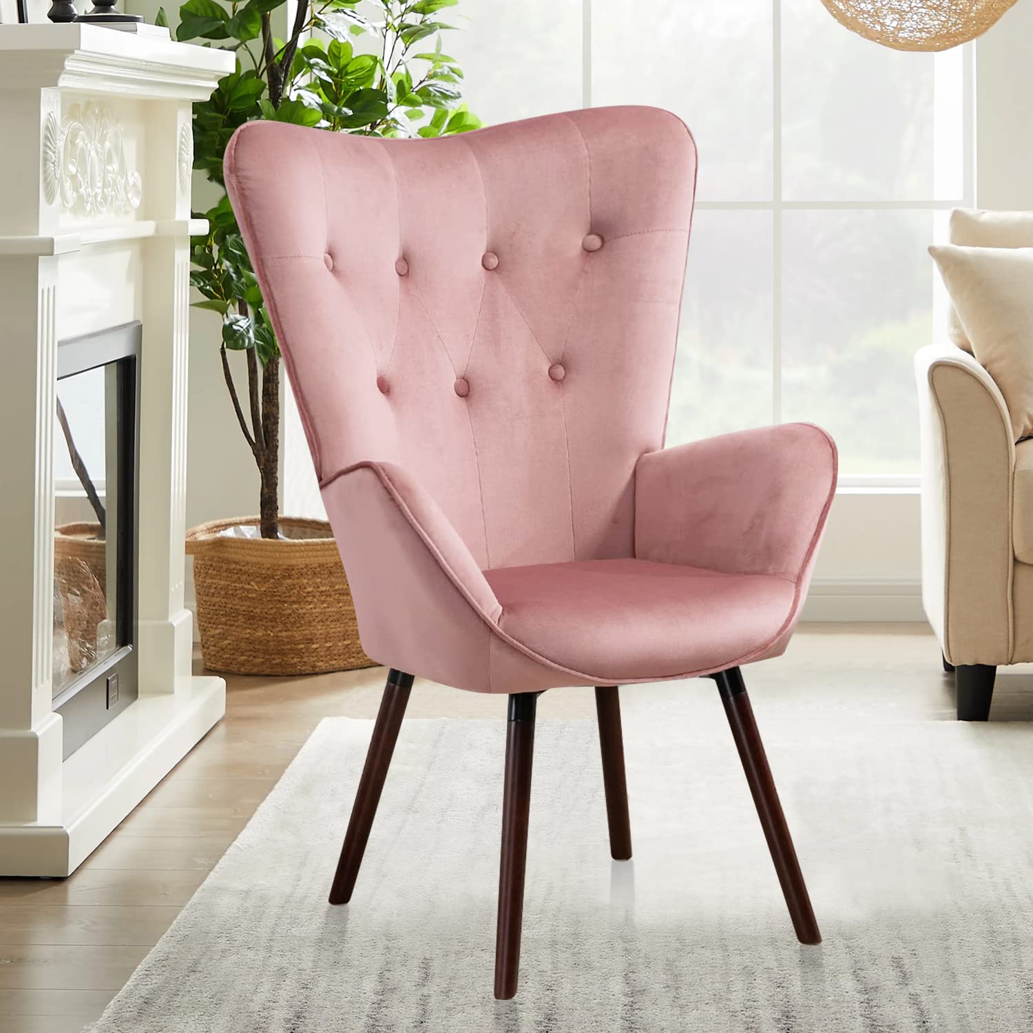 FurnitureR Velvet Accent Chair, Modern Wingback Tufted Vanity Armchair Upholstered Tall Back with Arms Solid Wood Legs for Living Bedroom Waiting Room Lounge Leisure, Rose