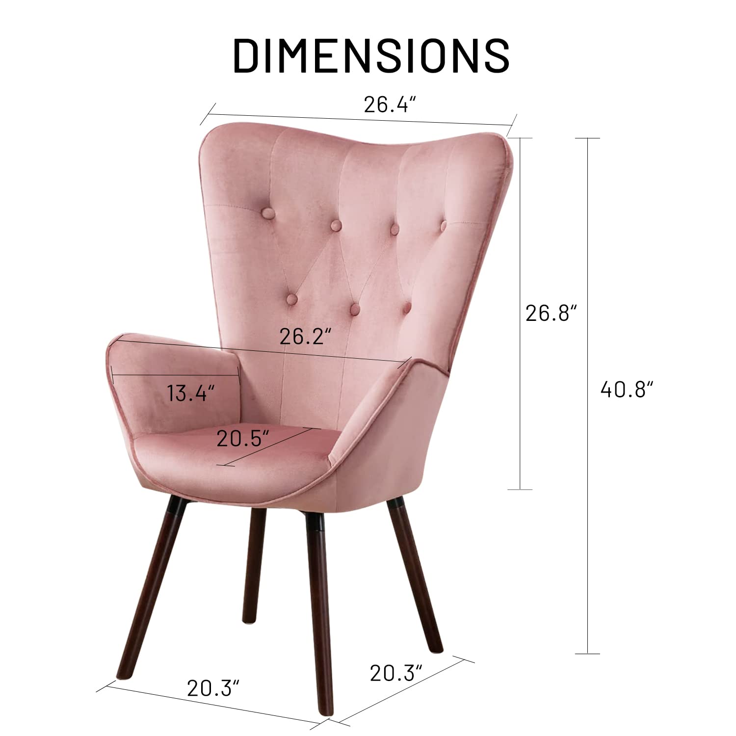 FurnitureR Velvet Accent Chair, Modern Wingback Tufted Vanity Armchair Upholstered Tall Back with Arms Solid Wood Legs for Living Bedroom Waiting Room Lounge Leisure, Rose