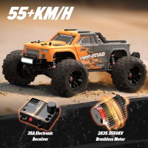 Hosim Brushless RC Car, 1:16 55+KMH 4WD Fast Remote Control Truck for Adults, Radio Cars Off-Road Waterproof Hobby Grade Toy Crawler Electric Vehicle Gift for Boys Children (Orange)