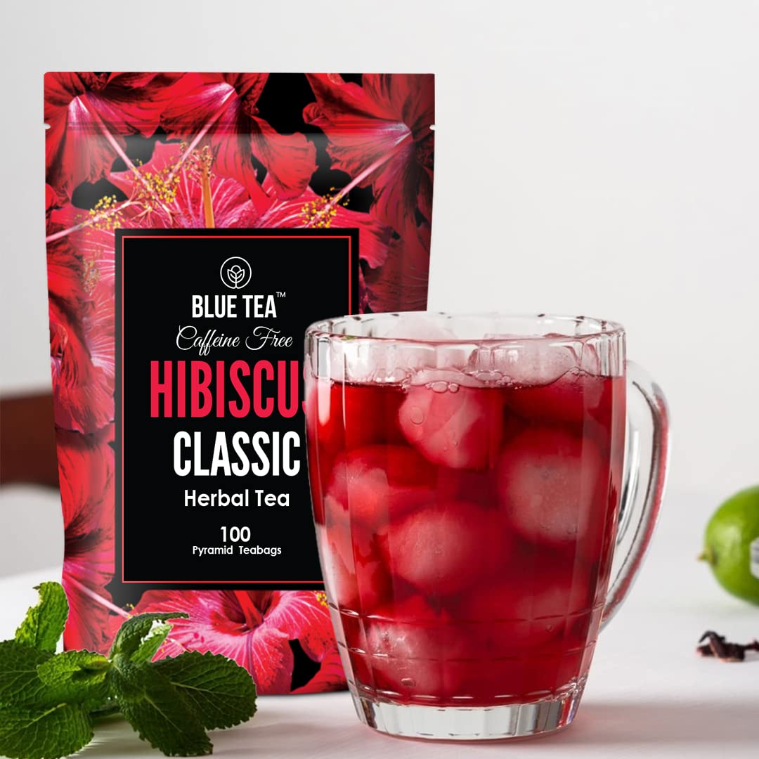 BLUE TEA - Hibiscus Classic Herbal Tea - 100 Plant Based Tea Bags || SKIN GLOW ENHANCING TEA || Caffeine Free - Flower Based - Vegan - Non-Bitter - Natural Ingredients | Zipper Pack