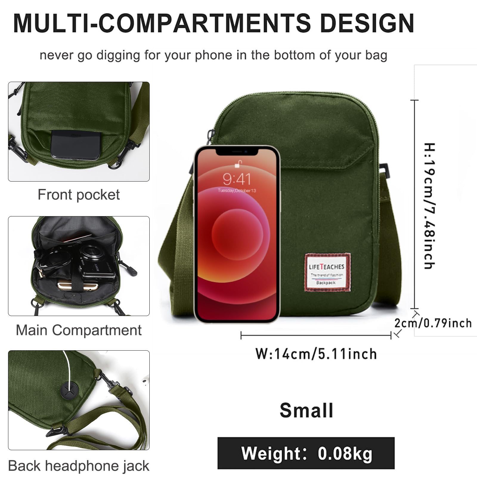 Green Mini Crossbody Bag Small Shoulder Bag For Men Travel Wallet Passport Holder Phone Purse Unisex, Mini Messenger Satchel Bag For Women Fanny Pack Neck Pouch Bag With Headphone Jack