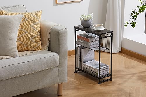 Small Side Table for Small Spaces - Slim End Table with Magazine Holder - 2 in 1 Design Narrow End Table Living Room - Skinny Bedside Table Nightstand Bedroom Thin Side Table (Grey)