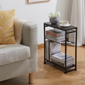 Small Side Table for Small Spaces - Slim End Table with Magazine Holder - 2 in 1 Design Narrow End Table Living Room - Skinny Bedside Table Nightstand Bedroom Thin Side Table (Grey)