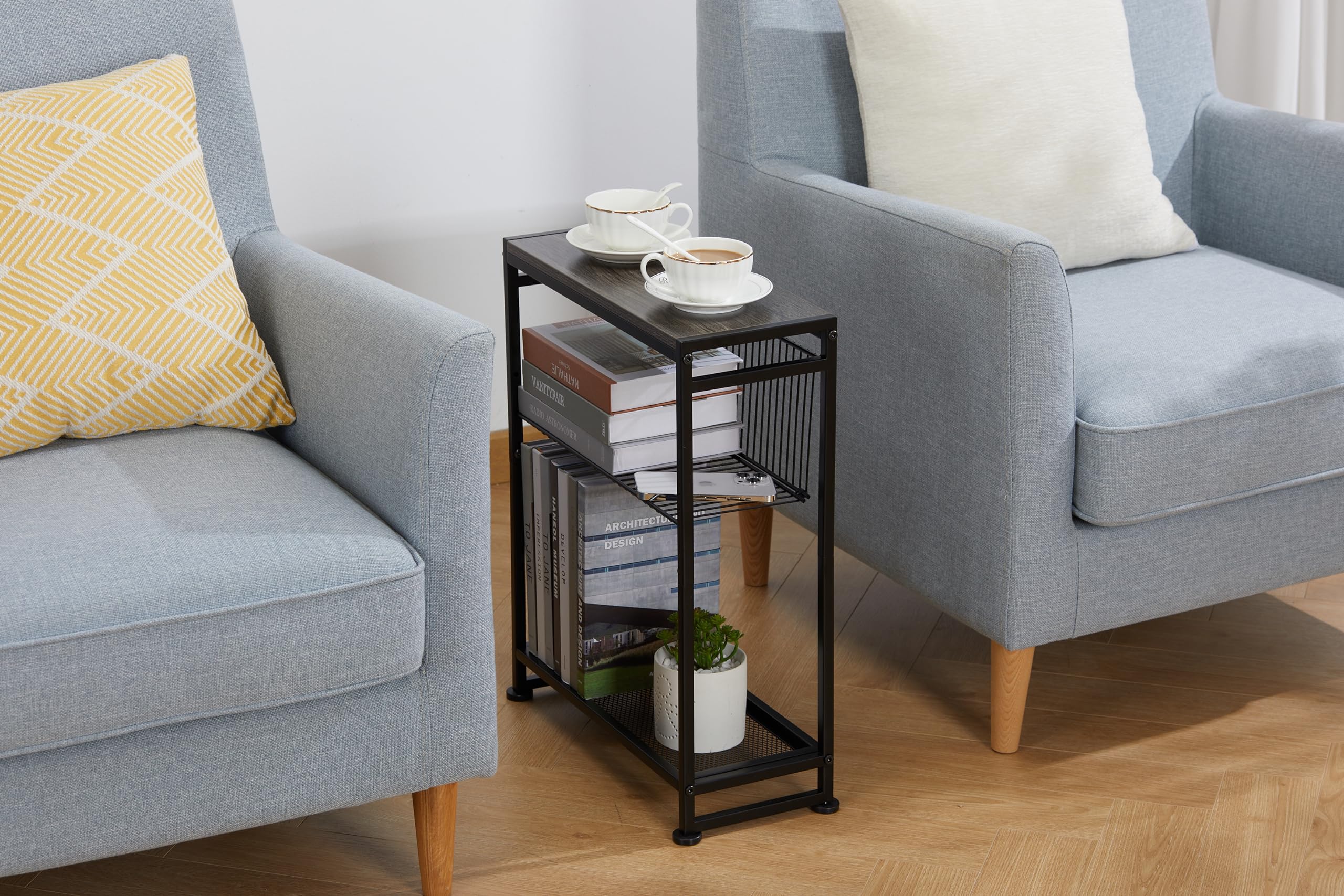 Small Side Table for Small Spaces - Slim End Table with Magazine Holder - 2 in 1 Design Narrow End Table Living Room - Skinny Bedside Table Nightstand Bedroom Thin Side Table (Grey)