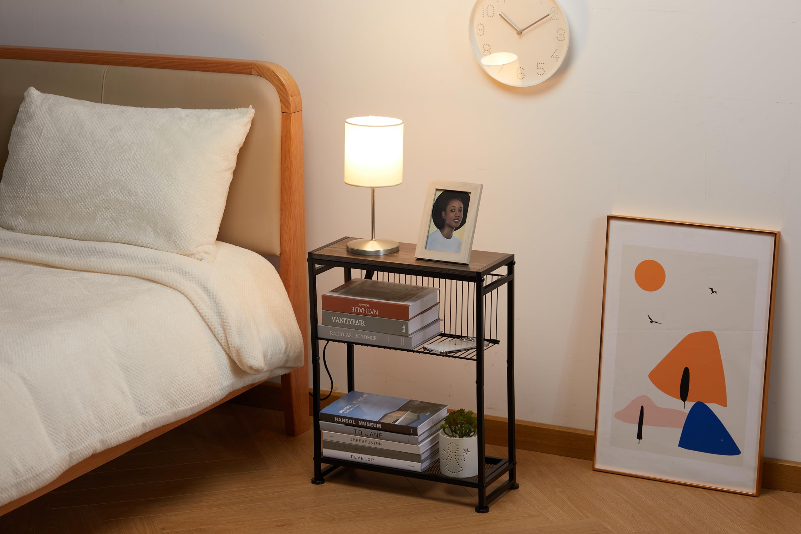 Small Side Table for Small Spaces - Slim End Table with Magazine Holder - 2 in 1 Design Narrow End Table Living Room - Skinny Bedside Table Nightstand Bedroom Thin Side Table (Grey)