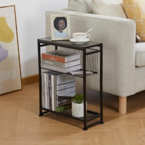 Small Side Table for Small Spaces - Slim End Table with Magazine Holder - 2 in 1 Design Narrow End Table Living Room - Skinny Bedside Table Nightstand Bedroom Thin Side Table (Grey)