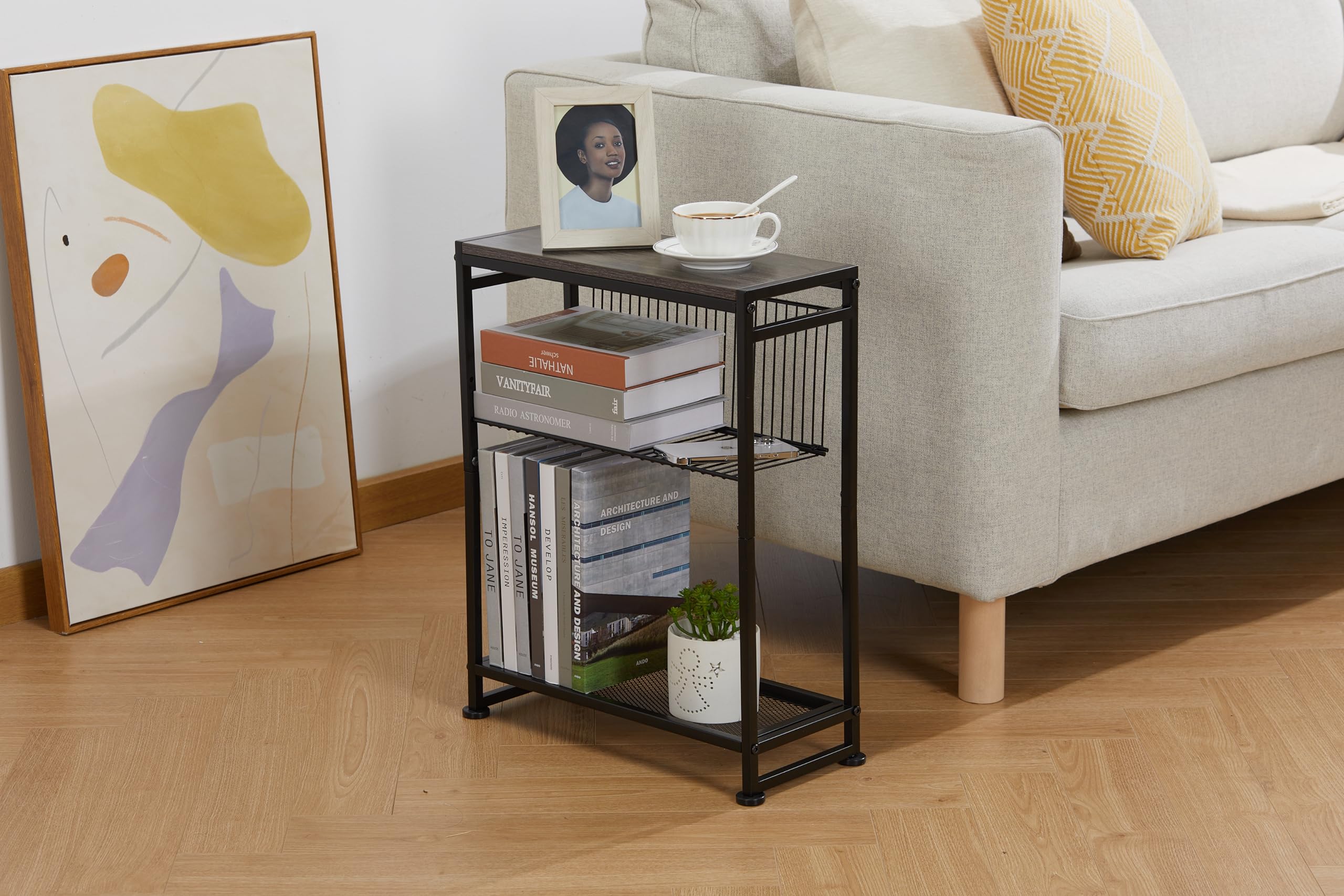 Small Side Table for Small Spaces - Slim End Table with Magazine Holder - 2 in 1 Design Narrow End Table Living Room - Skinny Bedside Table Nightstand Bedroom Thin Side Table (Grey)