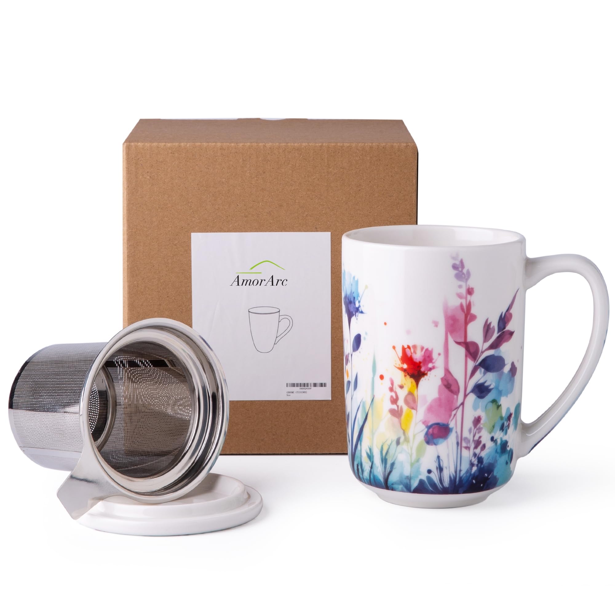 AmorArc Porcelain Tea Mug with Infuser and Lids, 18 Oz Tea Cup Strainer with Tea Bag Holder for Loose Leaf Tea, Tea Steeping Coffee Mug for House-warming Wedding Birthday Gift