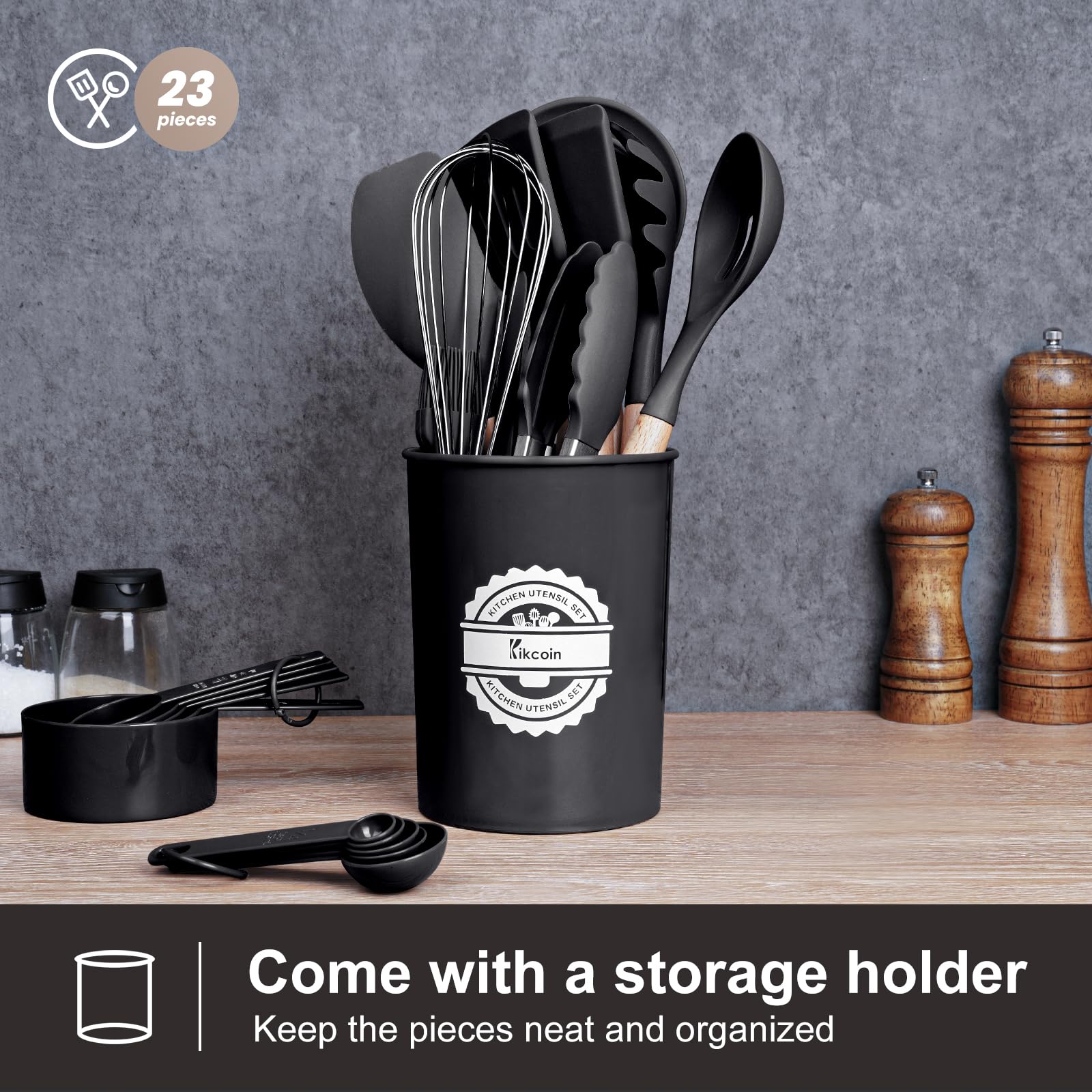 23 PCS Kitchen Utensils Set, Kikcoin Wood Handle Silicone Cooking Utensils Set with Holder, Spatulas Silicone Heat Resistant Cooking Gadgets for Nonstick Cookware, Black