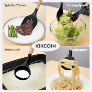 23 PCS Kitchen Utensils Set, Kikcoin Wood Handle Silicone Cooking Utensils Set with Holder, Spatulas Silicone Heat Resistant Cooking Gadgets for Nonstick Cookware, Black